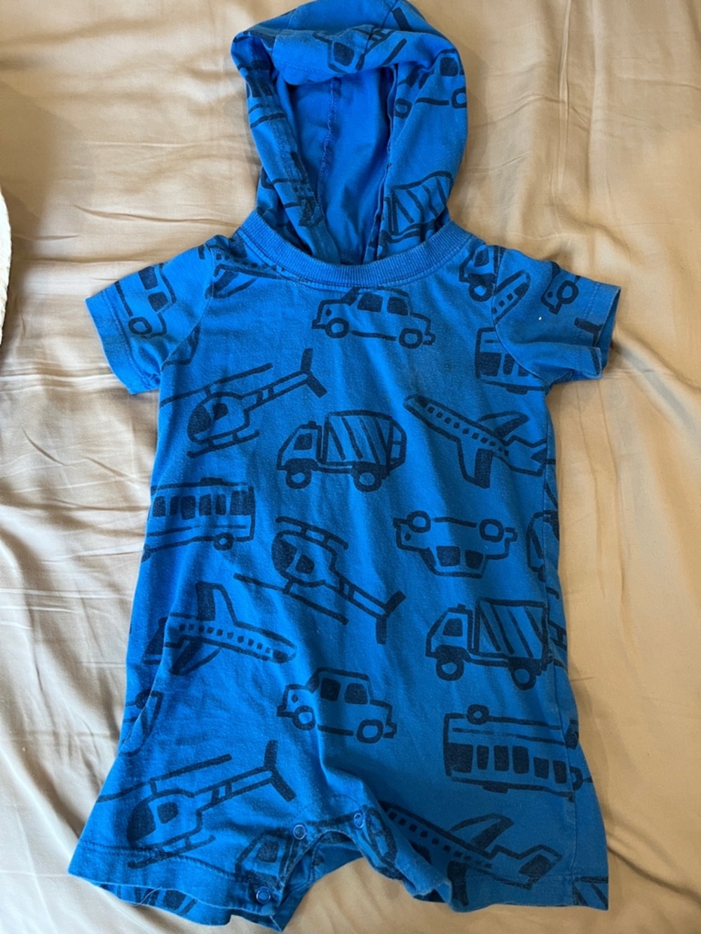 Carters 24mnth Blue Hooded Baby Romper with Vehicle Print